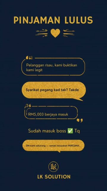 Pelanggan tanya kami — "Syarikat pegang kad tak?"
Kami jawab: Takde. ✅
Sebab kami kerja dengan amanah.
Loan dia? Lulus. Duit? Dah masuk. 💰
Ramai yang takut kena tipu sampai tak berani cuba.

Kami faham. Sebab tu kami ada untuk guide you dari A sampai Z.
👇 DM "LOAN" sekarang — semak kelayakan you PERCUMA, tanpa komitmen.

Ws - +6016-7314319

#LKSolution #PinjamanPeribadi #LoanMalaysia #PinjamanLulus #DuitMasuk LoanHalal PinjamanSegera KualaLumpur